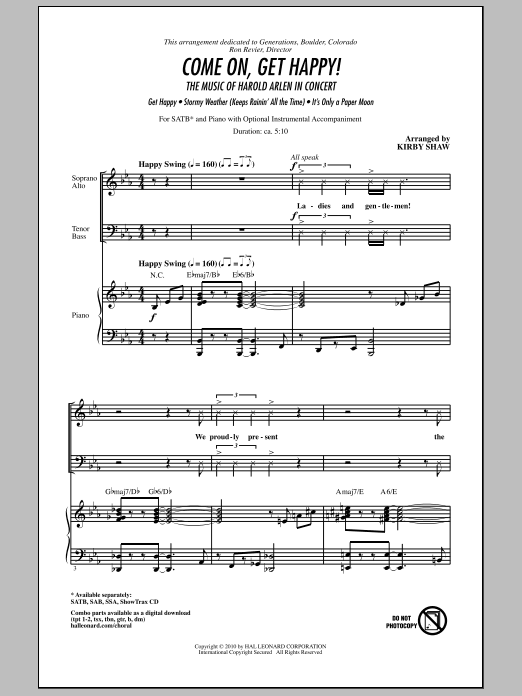 Download Kirby Shaw Come On, Get Happy! The Music Of Harold Arlen In Concert (Medley) Sheet Music and learn how to play SATB Choir PDF digital score in minutes