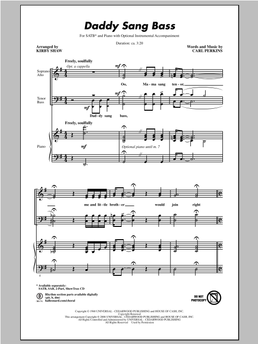 Download Johnny Cash Daddy Sang Bass (arr. Kirby Shaw) Sheet Music and learn how to play 2-Part Choir PDF digital score in minutes