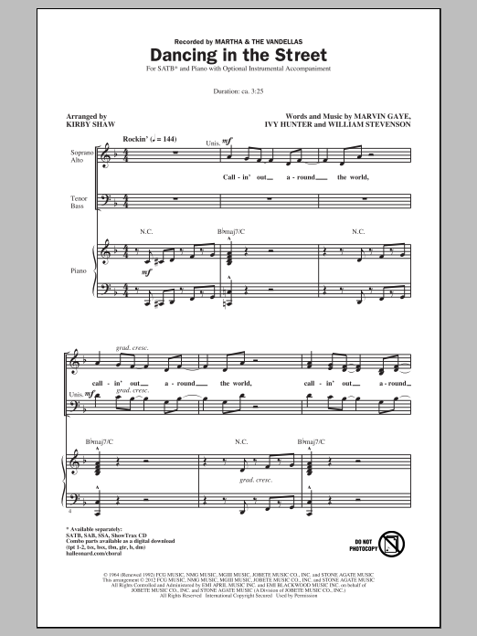 Download Martha & The Vandellas Dancing In The Street (arr. Kirby Shaw) Sheet Music and learn how to play SATB PDF digital score in minutes