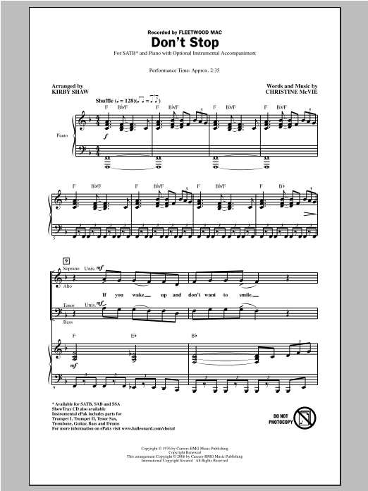 Download Kirby Shaw Don't Stop Sheet Music and learn how to play SAB PDF digital score in minutes