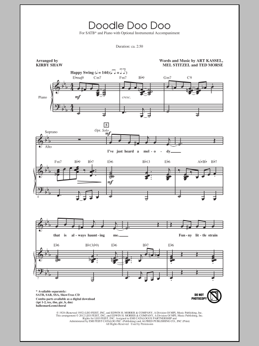 Download Eddie Cantor Doodle Doo Doo (arr. Kirby Shaw) Sheet Music and learn how to play SATB PDF digital score in minutes