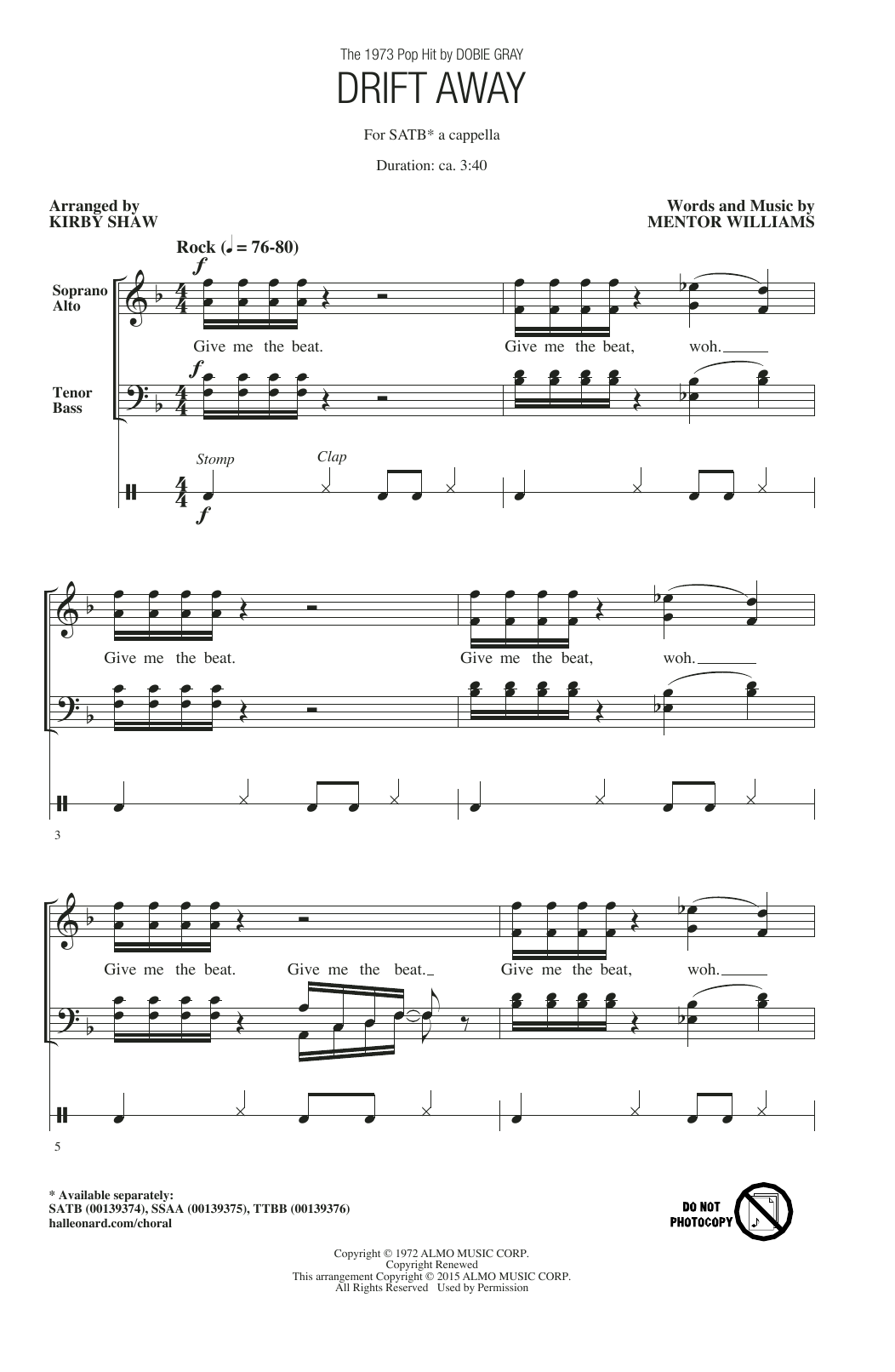 Download Dobie Gray Drift Away (arr. Kirby Shaw) Sheet Music and learn how to play TTBB PDF digital score in minutes
