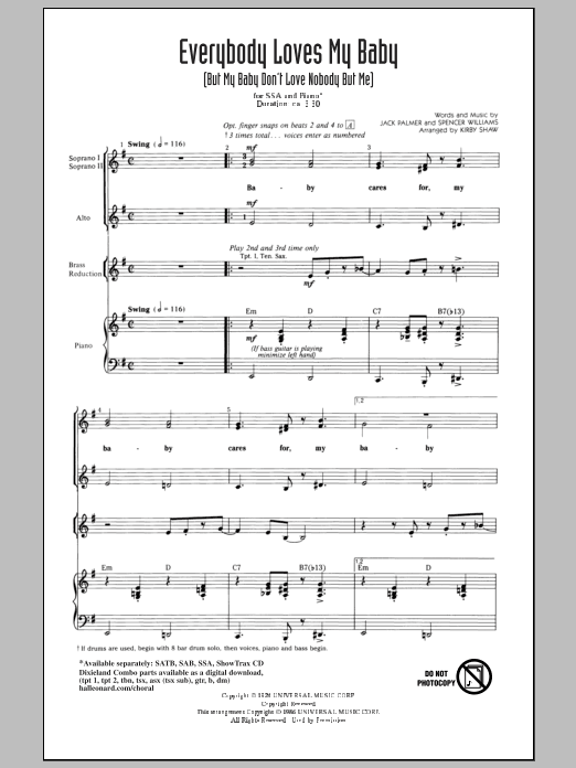 Download Spencer Williams Everybody Loves My Baby (But My Baby Don't Love Nobody But Me) (arr. Kirby Shaw) Sheet Music and learn how to play SATB PDF digital score in minutes