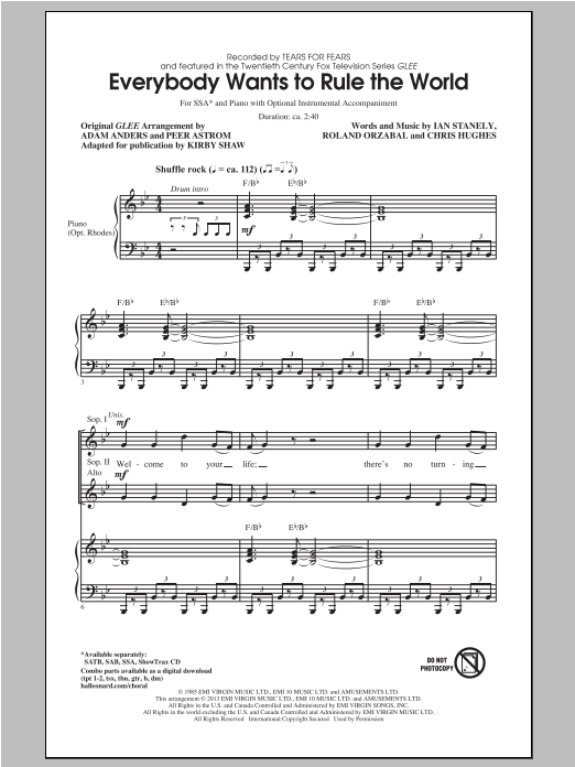 Download Tears for Fears Everybody Wants To Rule The World (arr. Kirby Shaw) Sheet Music and learn how to play SSA PDF digital score in minutes
