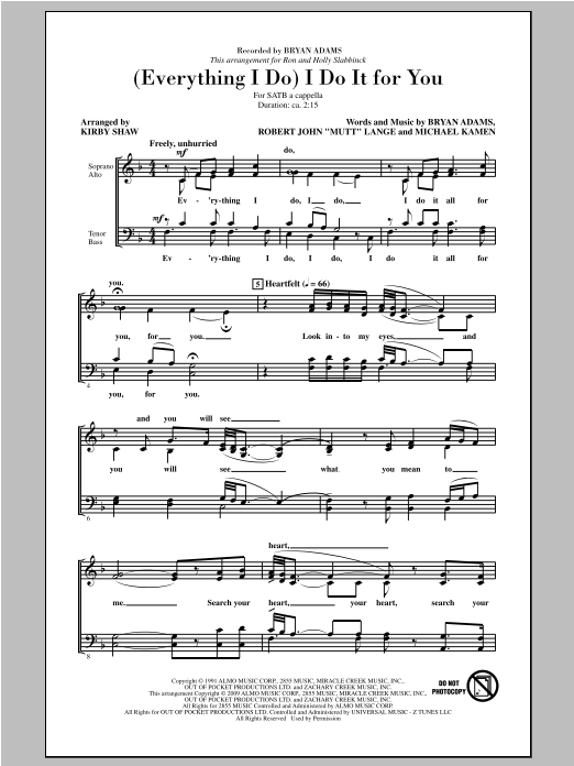 Download Kirby Shaw (Everything I Do) I Do It For You Sheet Music and learn how to play SATB PDF digital score in minutes