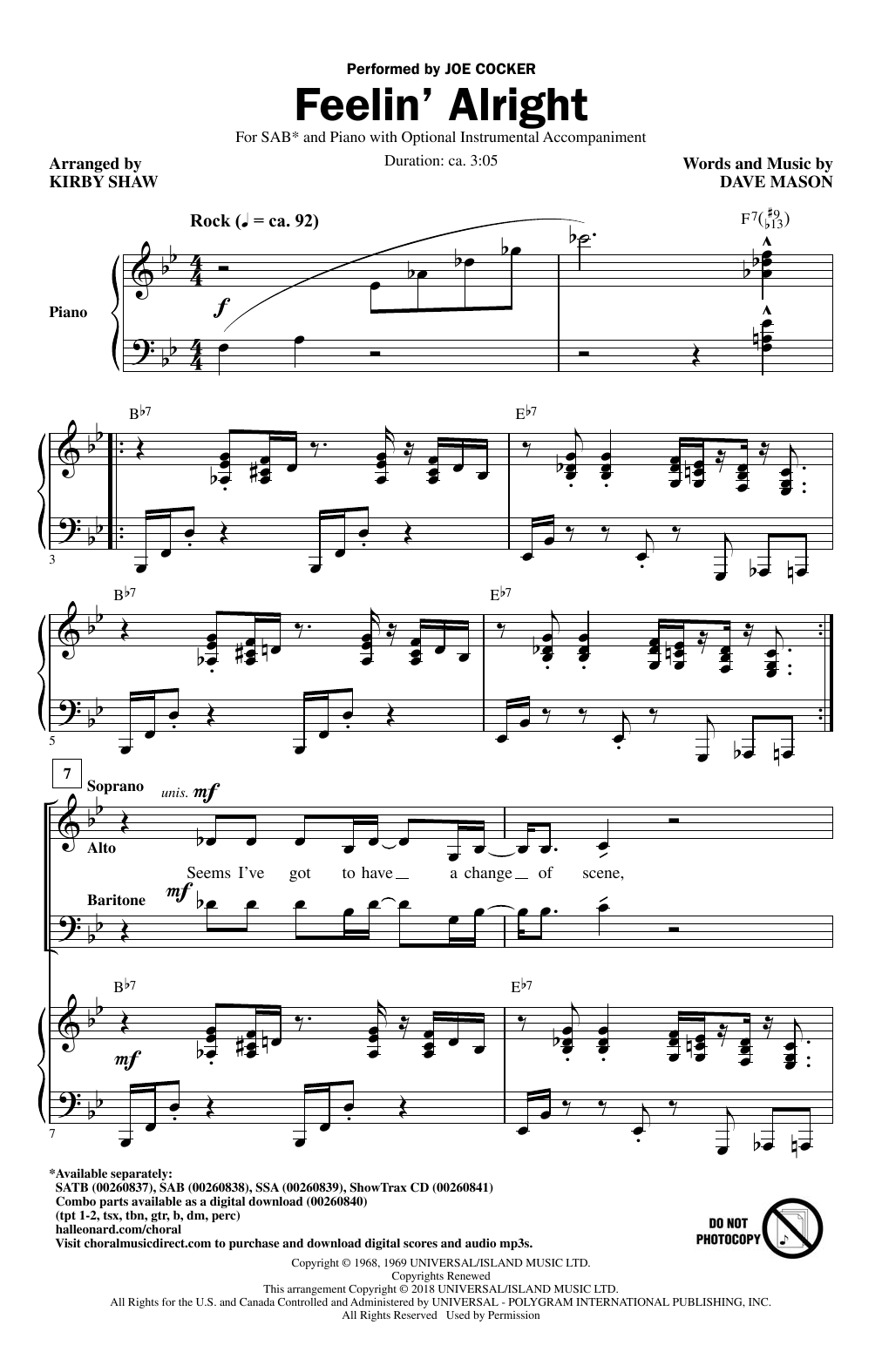 Download Kirby Shaw Feelin' Alright Sheet Music and learn how to play SAB PDF digital score in minutes