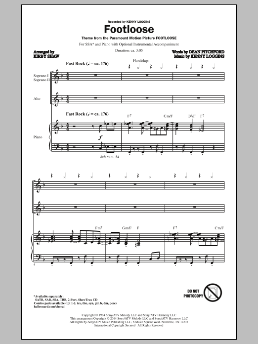Download Kenny Loggins Footloose (arr. Kirby Shaw) Sheet Music and learn how to play SSA PDF digital score in minutes