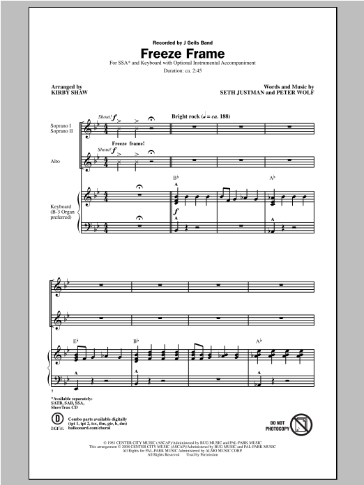 Download The J. Geils Band Freeze Frame (arr. Kirby Shaw) Sheet Music and learn how to play SAB PDF digital score in minutes
