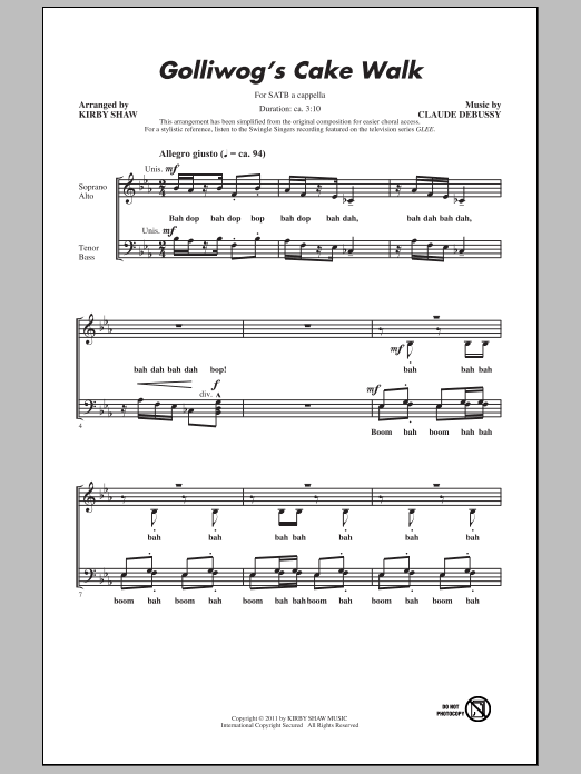 Download Claude Debussy Golliwogg's Cake Walk (arr. Kirby Shaw) Sheet Music and learn how to play SATB PDF digital score in minutes