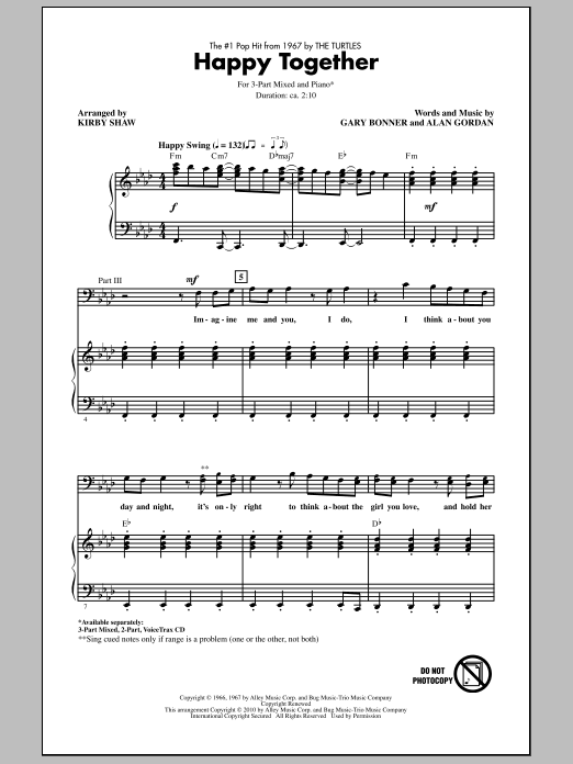 Download Kirby Shaw Happy Together Sheet Music and learn how to play 3-Part Mixed Choir PDF digital score in minutes