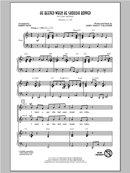 Download Dizzy Gillespie He Beeped When He Shoulda Bopped (arr. Kirby Shaw) Sheet Music and learn how to play 2-Part Choir PDF digital score in minutes