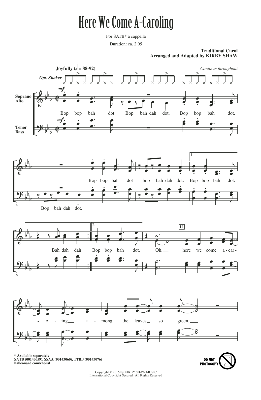 Download Traditional Here We Come A-Caroling (arr. Kirby Shaw) Sheet Music and learn how to play SATB PDF digital score in minutes