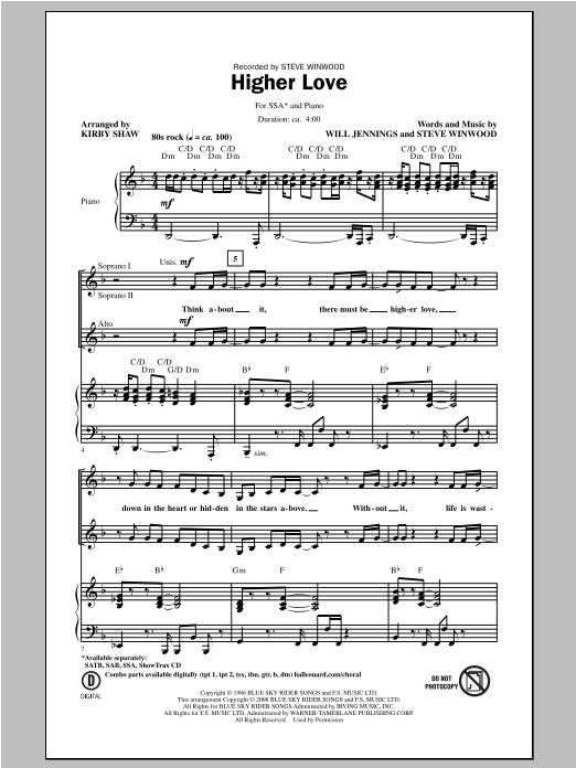 Download Steve Winwood Higher Love (arr. Kirby Shaw) Sheet Music and learn how to play SAB PDF digital score in minutes