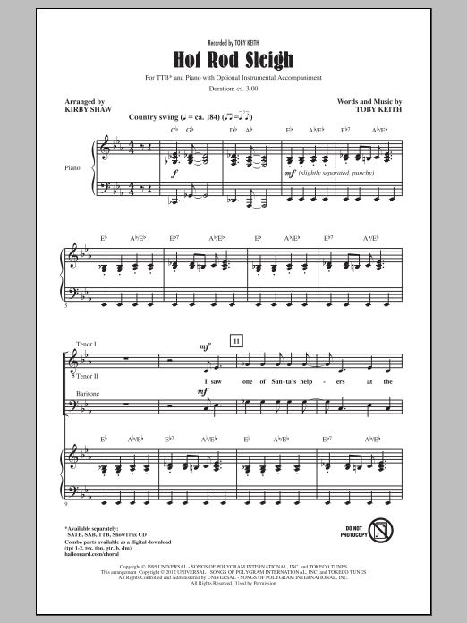Download Toby Keith Hot Rod Sleigh (arr. Kirby Shaw) Sheet Music and learn how to play SATB PDF digital score in minutes