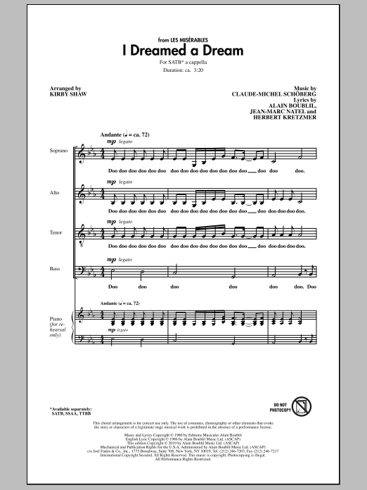Download Kirby Shaw I Dreamed A Dream Sheet Music and learn how to play TTBB Choir PDF digital score in minutes