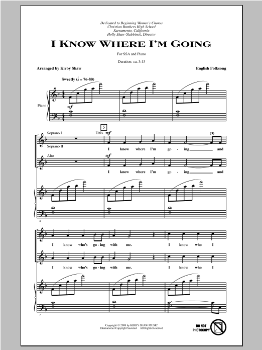 Download Traditional Folksong I Know Where I'm Goin' (arr. Kirby Shaw) Sheet Music and learn how to play SSA PDF digital score in minutes