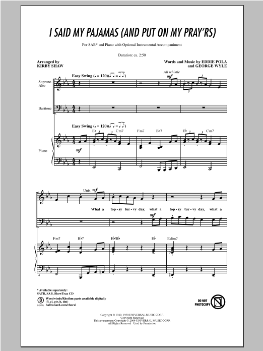 Download Eddie Pola I Said My Pajamas (And Put On My Pray'rs) (arr. Kirby Shaw) Sheet Music and learn how to play SATB PDF digital score in minutes