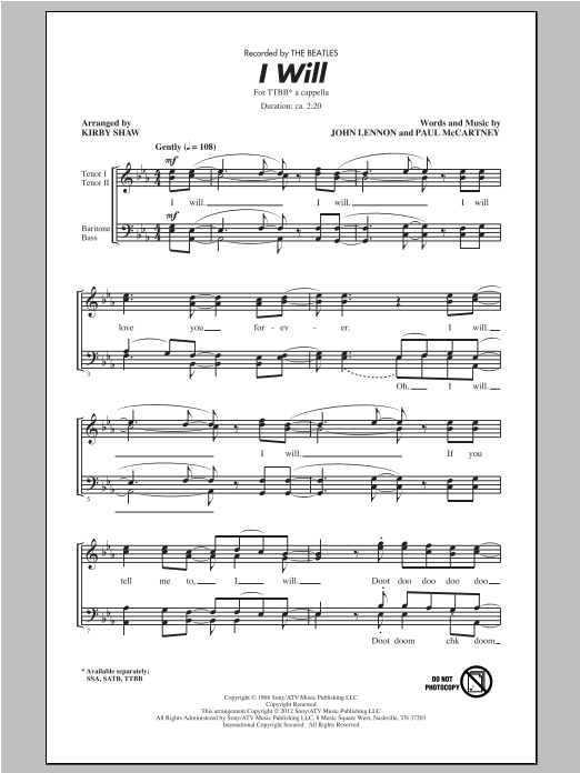 Download The Beatles I Will (arr. Kirby Shaw) Sheet Music and learn how to play TTBB PDF digital score in minutes