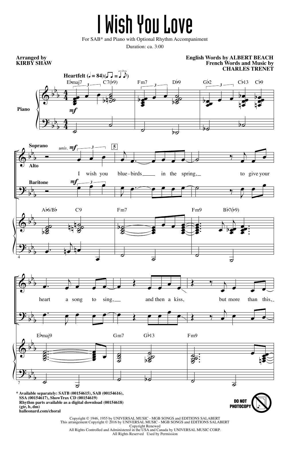 Download Kirby Shaw I Wish You Love Sheet Music and learn how to play SSA PDF digital score in minutes