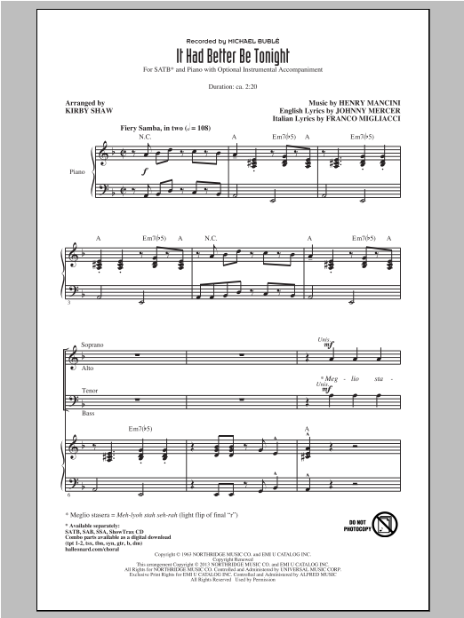 Download Michael Buble It Had Better Be Tonight (arr. Kirby Shaw) Sheet Music and learn how to play SAB PDF digital score in minutes
