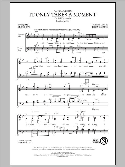 Download Jerry Herman It Only Takes A Moment (from Hello Dolly) (arr. Kirby Shaw) Sheet Music and learn how to play TTBB PDF digital score in minutes
