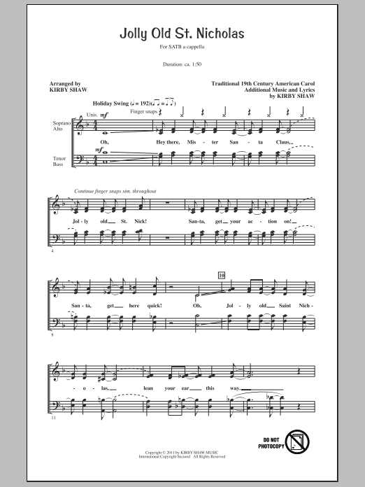 Download Traditional Carol Jolly Old St. Nicholas (arr. Kirby Shaw) Sheet Music and learn how to play SATB PDF digital score in minutes