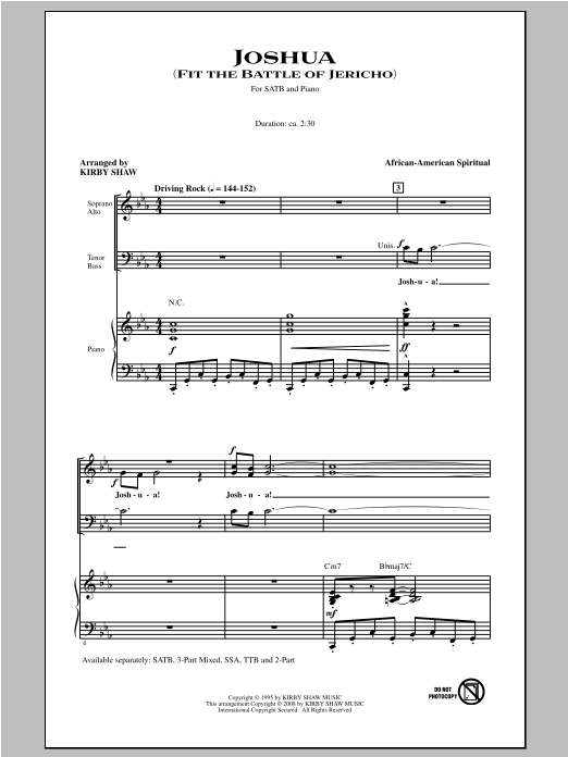 Download Traditional Spiritual Joshua (Fit The Battle Of Jericho) (arr. Kirby Shaw) Sheet Music and learn how to play SATB PDF digital score in minutes
