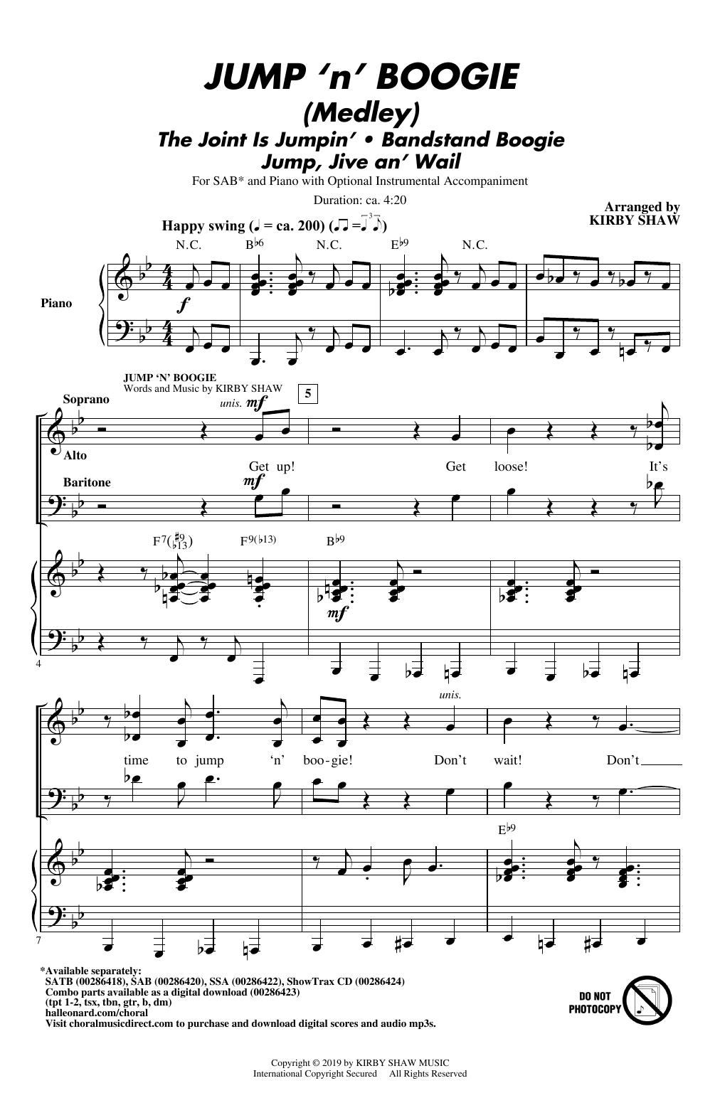 Download Kirby Shaw Jump 'n' Boogie (Medley) Sheet Music and learn how to play SATB Choir PDF digital score in minutes