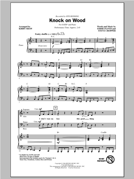 Download Otis Redding Knock On Wood (arr. Kirby Shaw) Sheet Music and learn how to play SAB PDF digital score in minutes