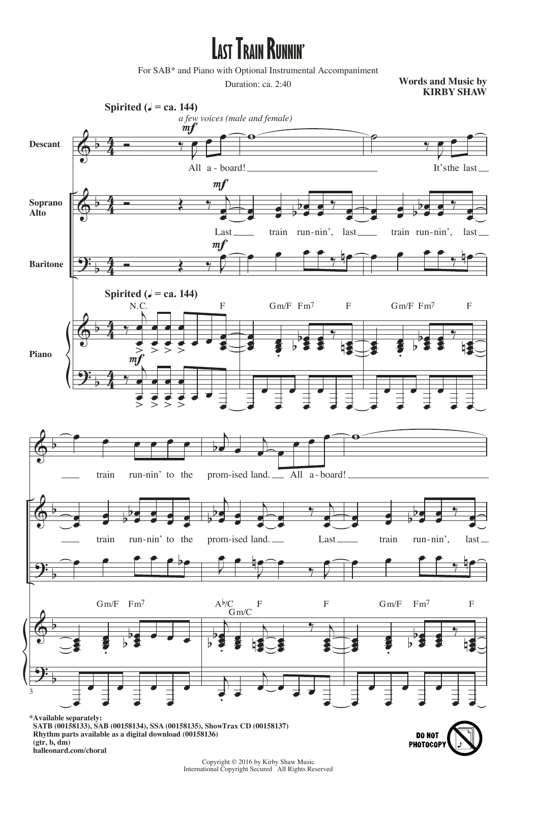 Download Kirby Shaw Last Train Runnin' Sheet Music and learn how to play SAB PDF digital score in minutes