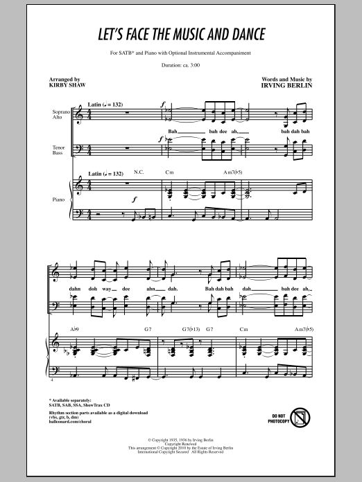 Download Kirby Shaw Let's Face The Music And Dance Sheet Music and learn how to play SATB Choir PDF digital score in minutes