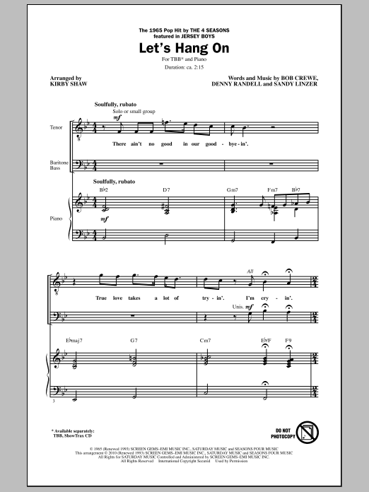 Download Kirby Shaw Let's Hang On Sheet Music and learn how to play TBB Choir PDF digital score in minutes