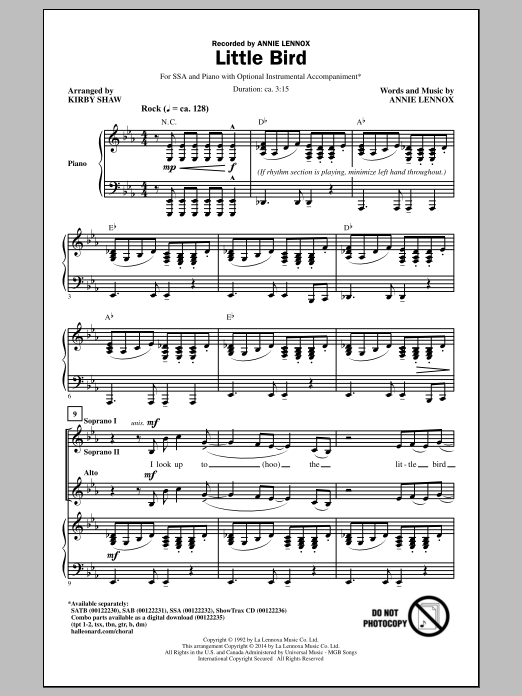 Download Annie Lennox Little Bird (arr. Kirby Shaw) Sheet Music and learn how to play SAB PDF digital score in minutes