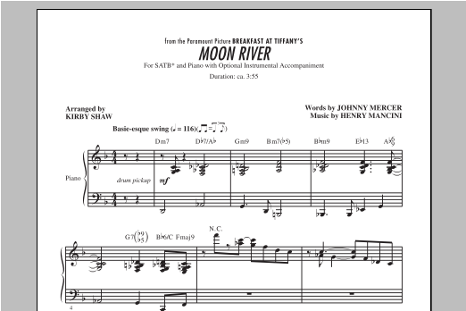 Download Henry Mancini Moon River (arr. Kirby Shaw) Sheet Music and learn how to play SATB PDF digital score in minutes