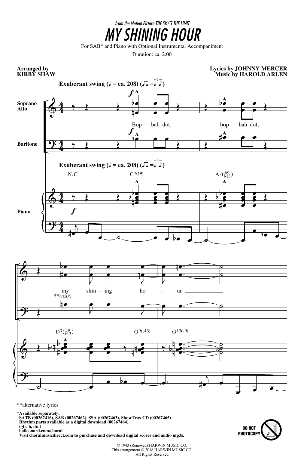Download Kirby Shaw My Shining Hour Sheet Music and learn how to play SSA PDF digital score in minutes