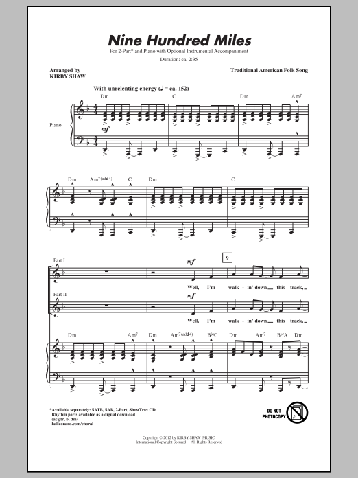 Download Traditional Folksong Nine Hundred Miles (arr. Kirby Shaw) Sheet Music and learn how to play SATB PDF digital score in minutes
