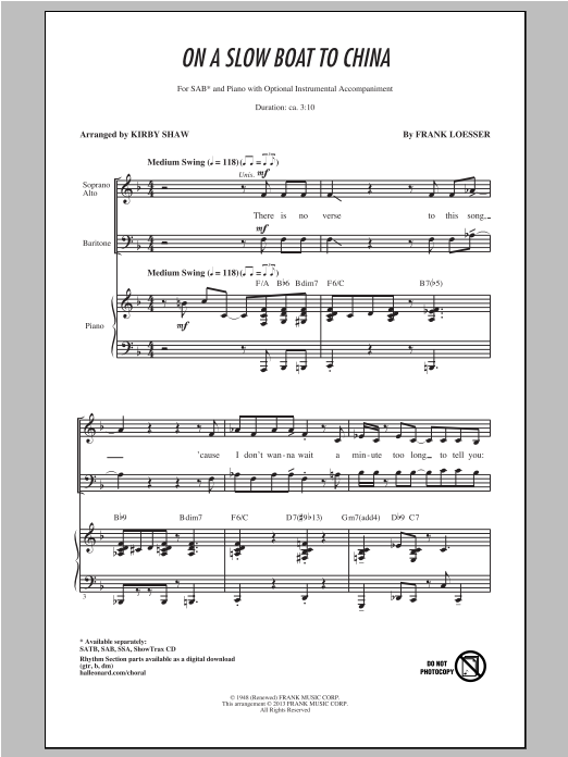 Download Frank Loesser On A Slow Boat To China (arr. Kirby Shaw) Sheet Music and learn how to play SSA PDF digital score in minutes