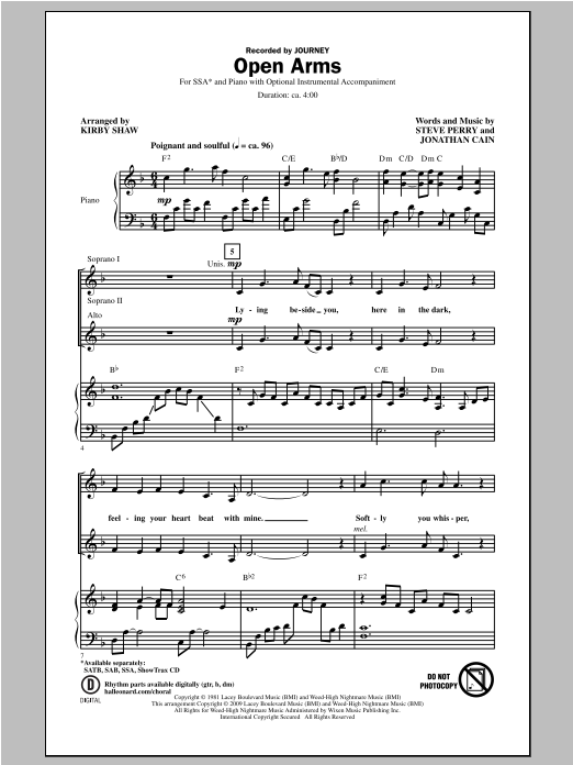 Download Journey Open Arms (arr. Kirby Shaw) Sheet Music and learn how to play SAB PDF digital score in minutes