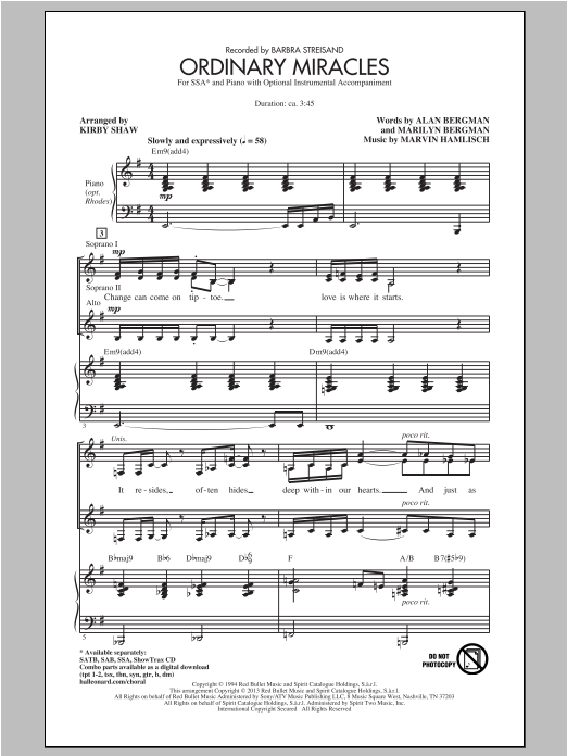 Download Marvin Hamlisch Ordinary Miracles (arr. Kirby Shaw) Sheet Music and learn how to play SSA PDF digital score in minutes