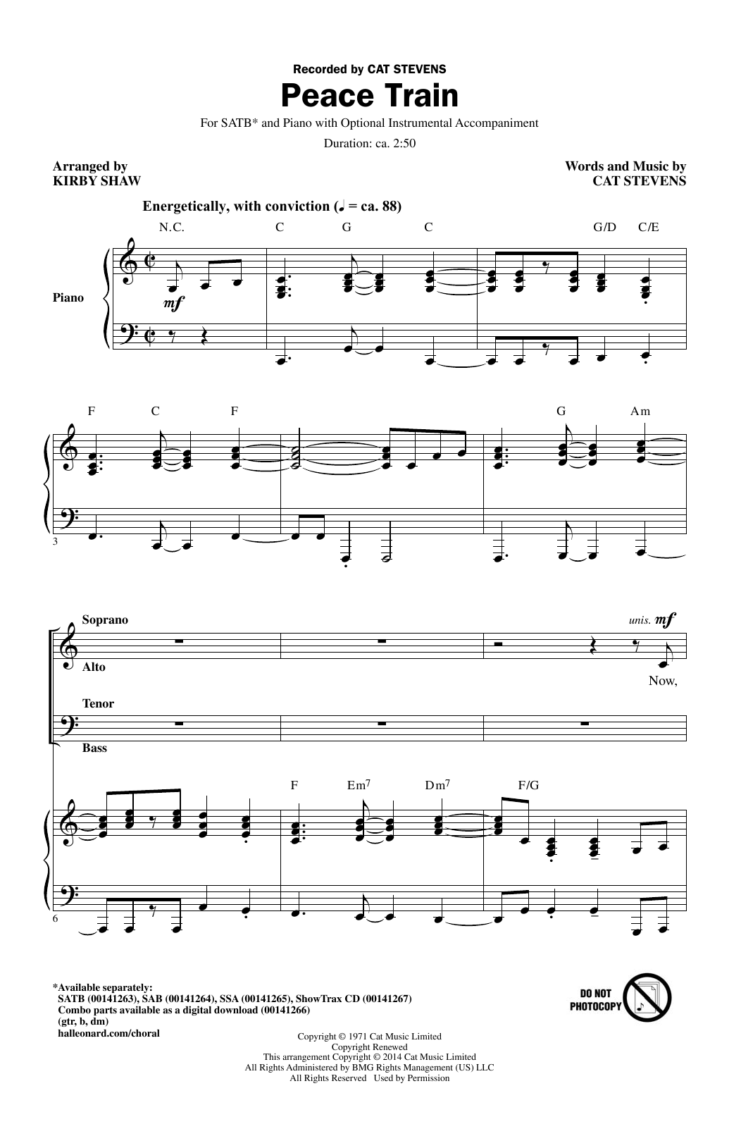 Download Kirby Shaw Peace Train Sheet Music and learn how to play SATB PDF digital score in minutes