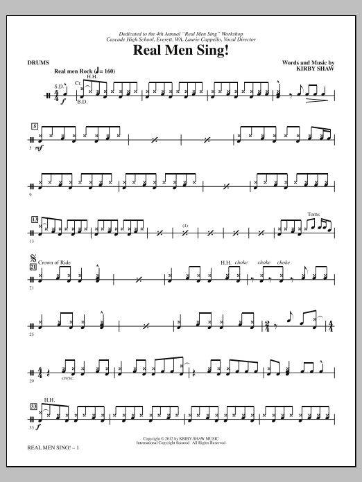 Download Kirby Shaw Real Men Sing! - Drums Sheet Music and learn how to play Choir Instrumental Pak PDF digital score in minutes