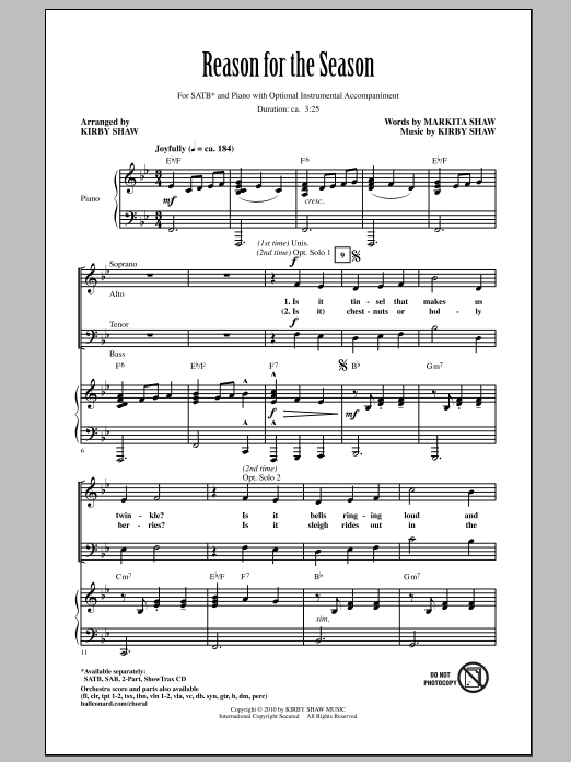 Download Kirby Shaw Reason For The Season Sheet Music and learn how to play 2-Part Choir PDF digital score in minutes