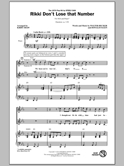 Download Kirby Shaw Rikki Don't Lose That Number Sheet Music and learn how to play SSA Choir PDF digital score in minutes