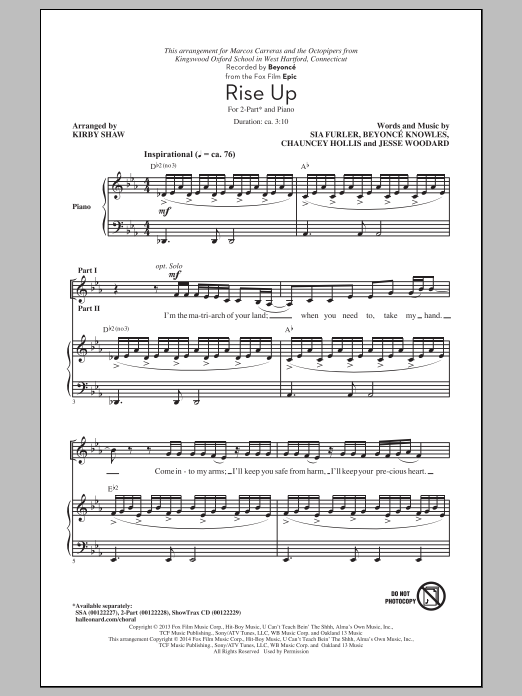 Download Beyoncé Rise Up (from Epic) (arr. Kirby Shaw) Sheet Music and learn how to play 2-Part Choir PDF digital score in minutes
