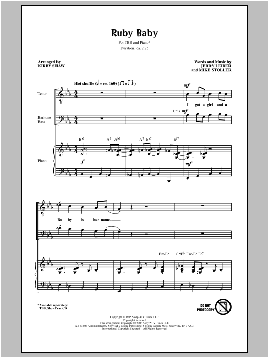 Download Leiber And Stoller Ruby Baby (arr. Kirby Shaw) Sheet Music and learn how to play Choral TBB PDF digital score in minutes