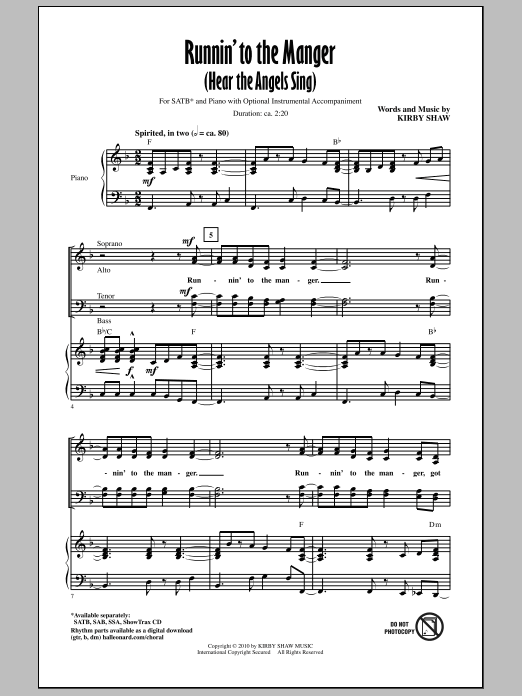 Download Kirby Shaw Runnin' To The Manger (Hear The Angels Sing) Sheet Music and learn how to play SATB Choir PDF digital score in minutes