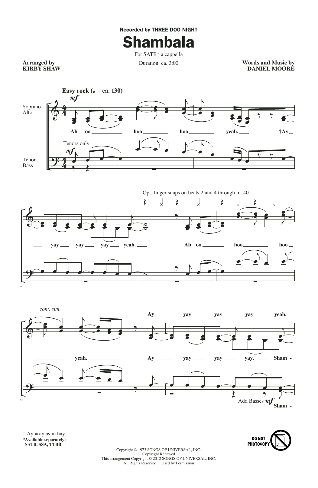 Download Three Dog Night Shambala (arr. Kirby Shaw) Sheet Music and learn how to play TTBB PDF digital score in minutes