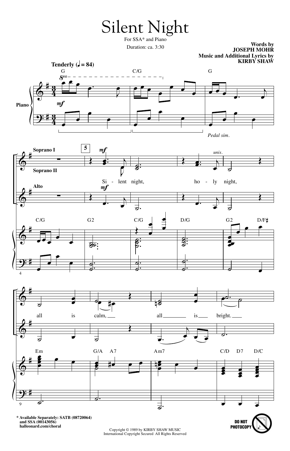Download Kirby Shaw Silent Night Sheet Music and learn how to play SSA PDF digital score in minutes