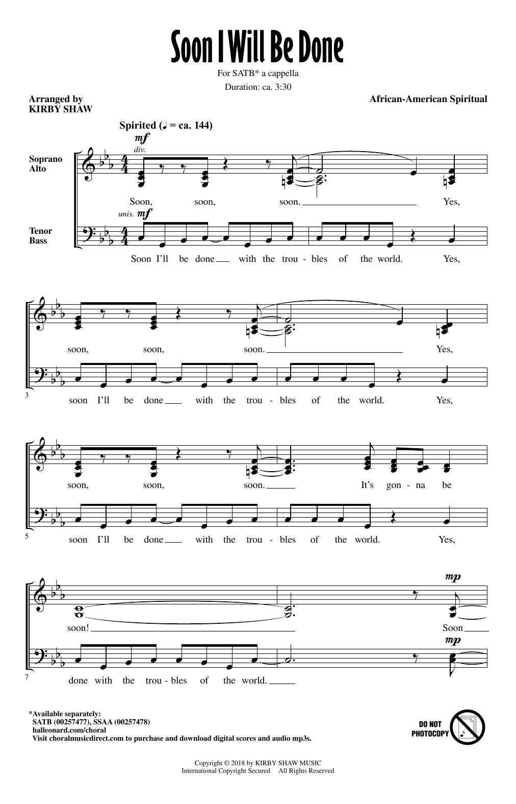 Download Kirby Shaw Soon I Will Be Done Sheet Music and learn how to play SATB PDF digital score in minutes