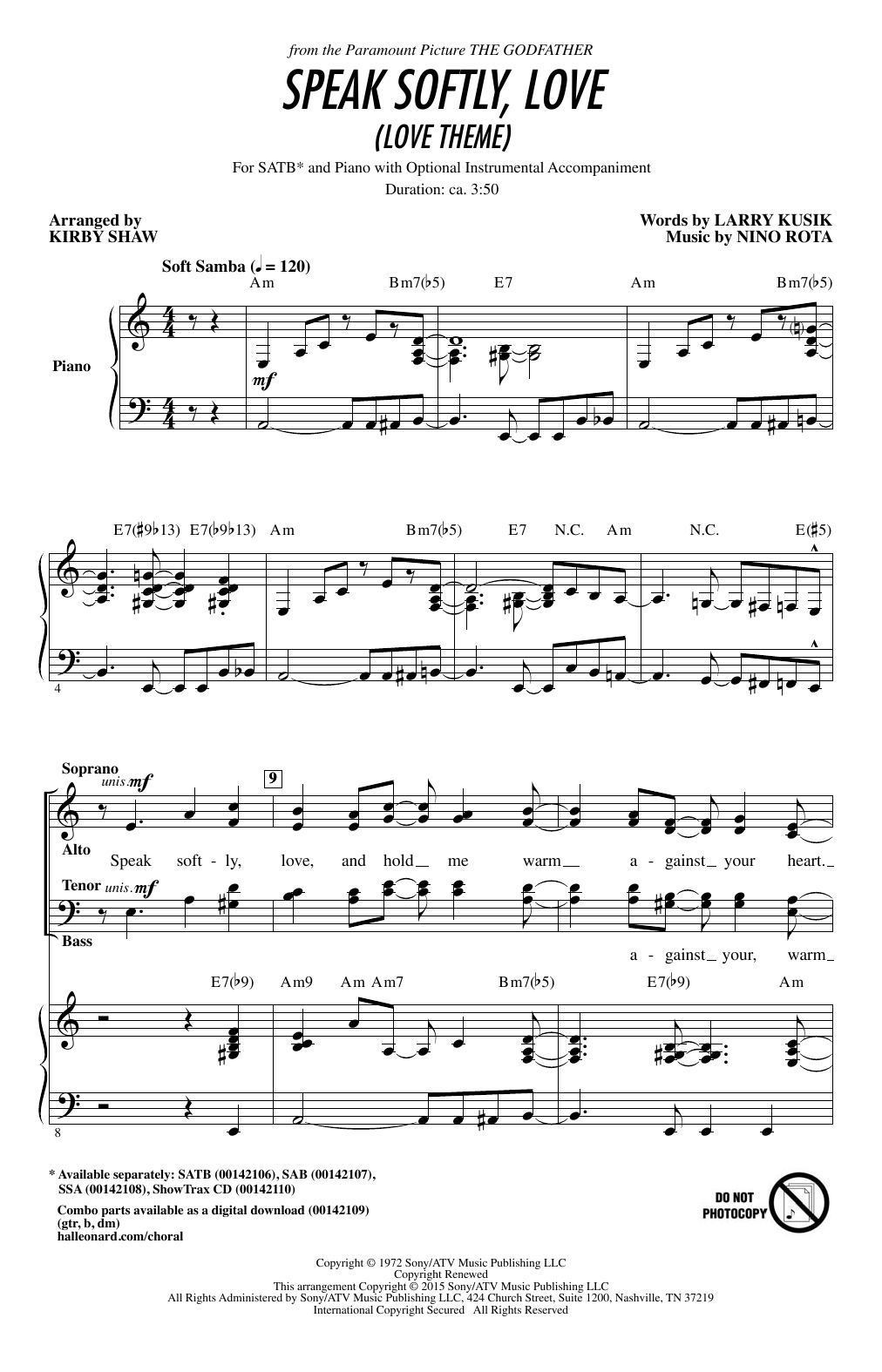 Download Nino Rota Speak Softly Love (Godfather Theme) (arr. Kirby Shaw) Sheet Music and learn how to play SSA PDF digital score in minutes